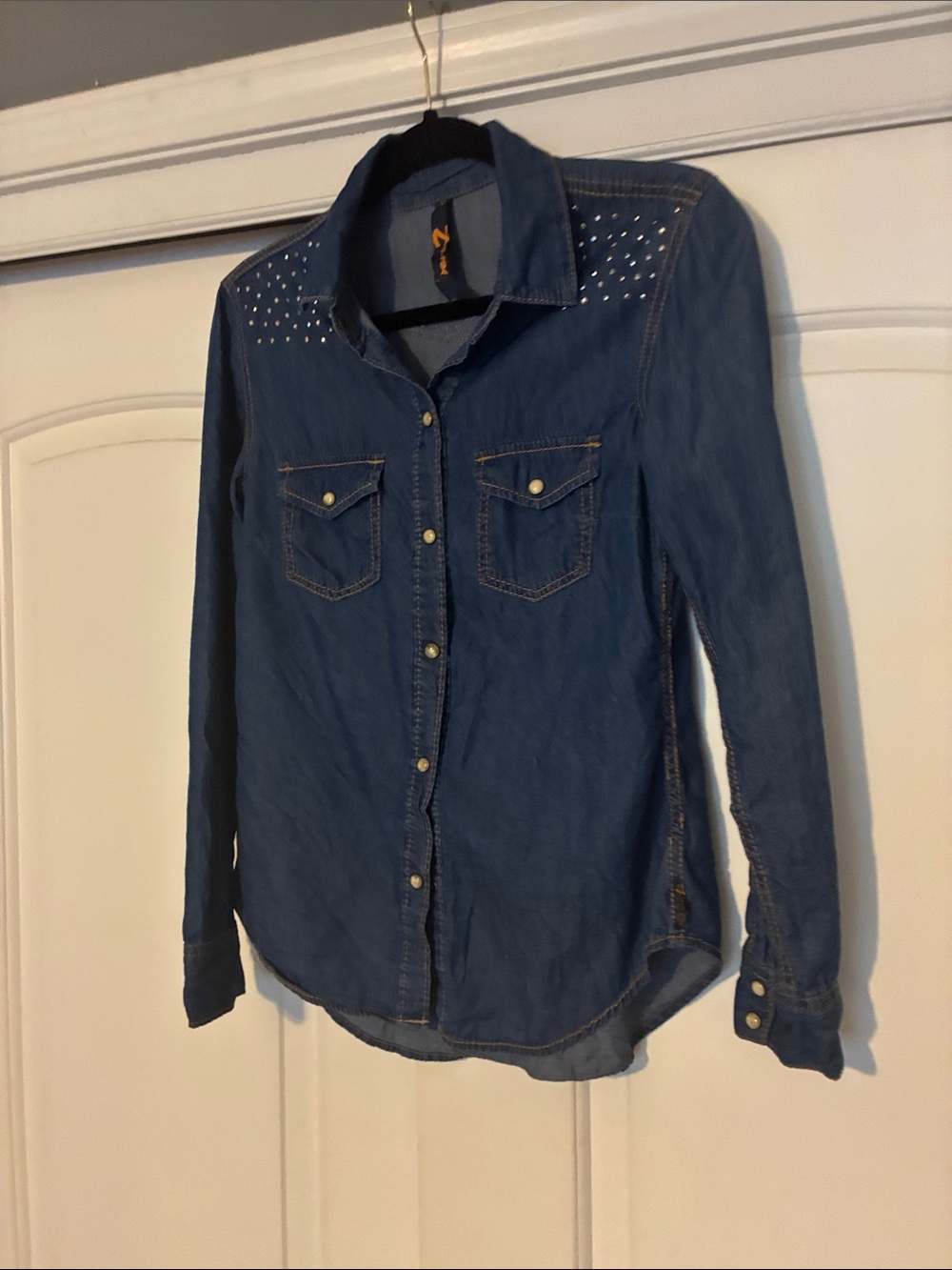 7 For All Mankind Blue Denim Button-Down Shirt with Stud Accents